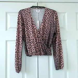 Sundry Grey & Pink Animal Print Long Sleeve Fleece Crossover Top